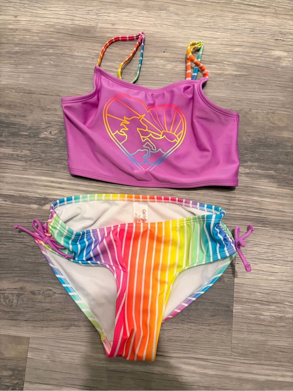 NWOT Cat & Jack Purple Heart Crop Bikini Top with Rainbow Stripe Bottoms